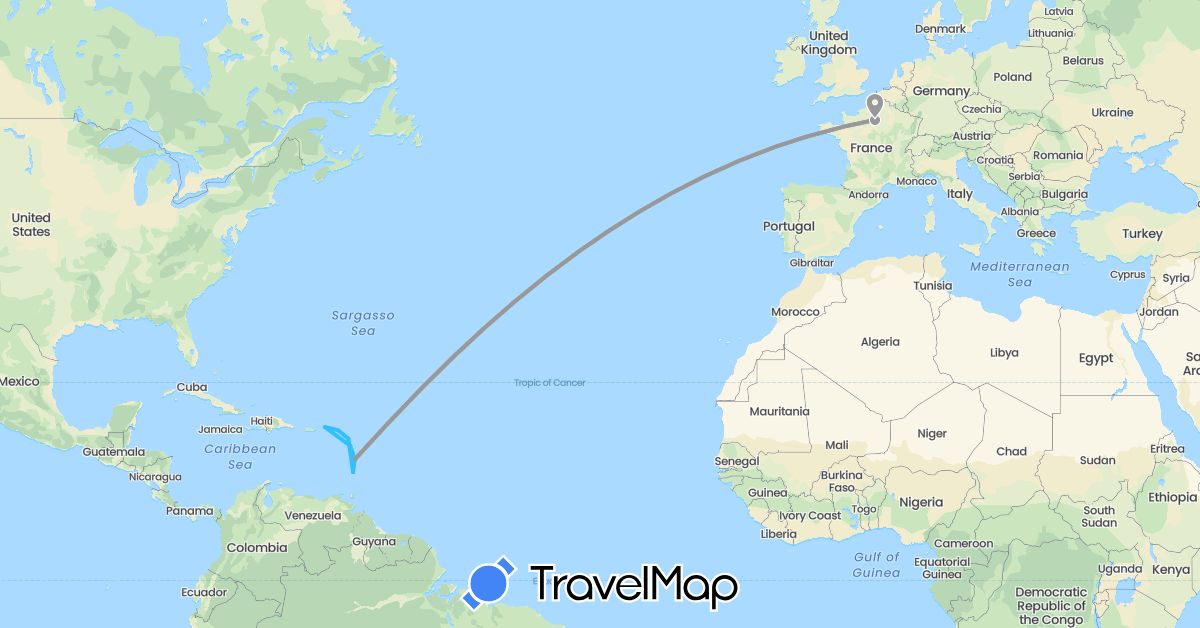 TravelMap itinerary: driving, plane, boat in Antigua and Barbuda, France, Saint Vincent and the Grenadines, British Virgin Islands (Europe, North America)